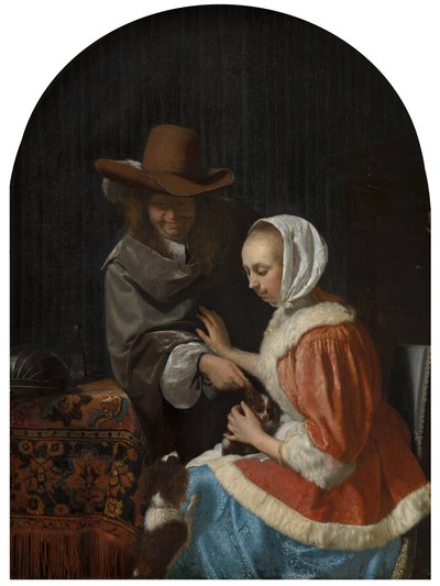Hombre y mujer con dos perros, conocido como "Burlando a la mascota", 1660 de Frans van Mieris