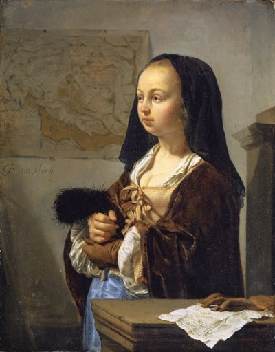 Joven con abanico de plumas preparada para salir, 1657-59 de Frans van Mieris