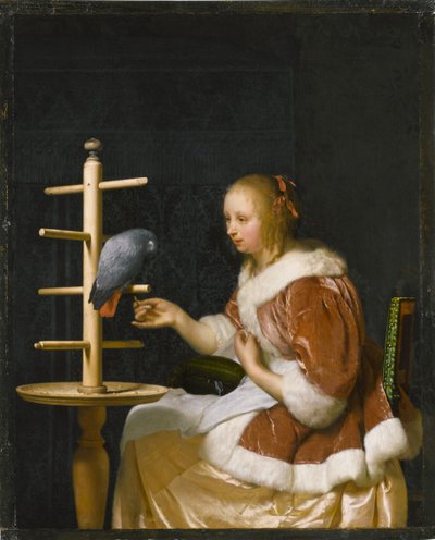 Joven Mujer Alimentando a un Loro, 1663 de Frans van Mieris the Elder
