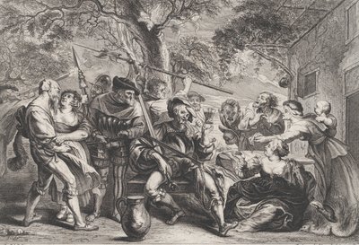 Don Quijote y tropas de La Santa Hermandad fuera de una taberna de Frans van den Wyngaerde