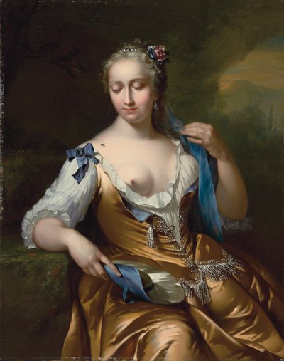 Dama en un paisaje con una mosca en el hombro: una alegoría del tacto, 1742 de Frans van der Mijn