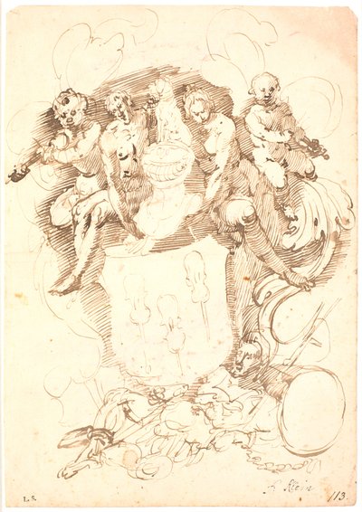 Composición heráldica: escudo de armas con tres violines invertidos, casco coronado de perro, rodeado de dos figuras y dos putti tocando el violín, todo descansando sobre una figura masculina acostada (¿Neptuno?) de Frantz Cleyn