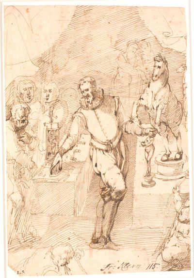 Hombre de pie con traje del siglo XVI, en una habitación, entre dos mesas con esculturas y un reloj, monedas, etc., y siete u ocho personas más de Frantz Cleyn
