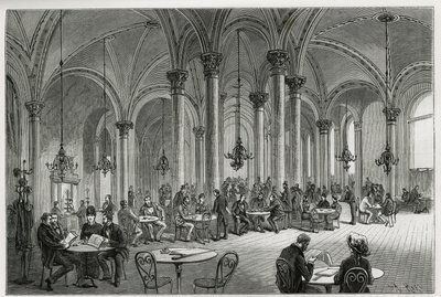 El café central en Viena (Austria). Ilustración de la historia Viena y sus suburbios, por M. Newlinski, en 1881, publicado en Le tour du monde, bajo la dirección de Edouard Charton (1807-1890) de Franz (after) Kollarz