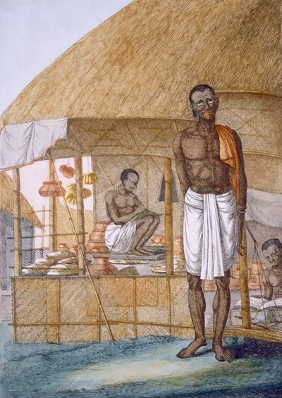 Tendero vendiendo ollas, plátanos y granos, de 