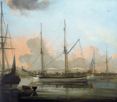 El barco "Charlotte" de Chittagong, Bangladesh, y otros barcos, anclados en el río Hugli (India), en Calcuta. Óleo sobre lienzo de Franz Balthazar Solvyns