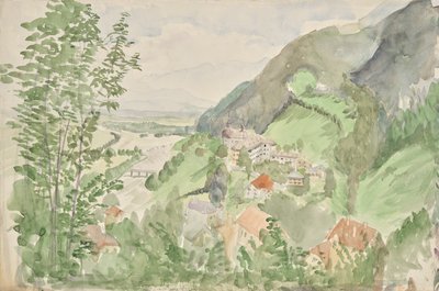 Paisaje fluvial en las montañas con un castillo. de Franz Barwig d. Ä.