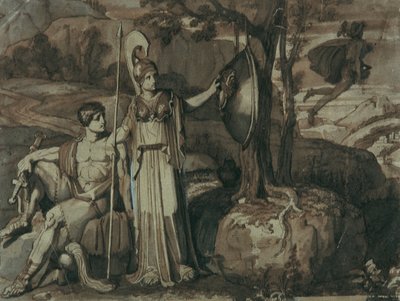 Escena de la leyenda de Perseo: Atenea con el escudo de Gorgona de Franz Caucig