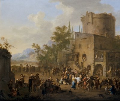 Una vista de la ciudad italiana con figuras bailando el Saltarello de Franz Ferg