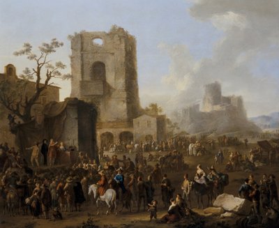 Una vista de la ciudad italiana con figuras bailando el Saltarello de Franz Ferg
