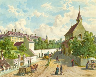 Währinger Strasse en Viena con la casa de suministros "Zum Blauen Herrgott" y el "Krawoten-Kapelle" de Franz Gerasch