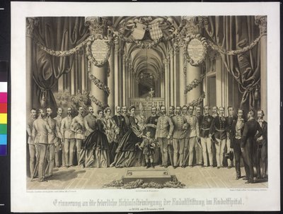 Recordatorio en la ceremonia de colocación de la lápida de la fundación Rudolf en el Rudolfspital 1864 (litografía) de Franz Gerasch