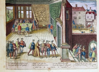 Arresto de Lamoral, conde de Egmont (1522-1568) y de Philippe de Montmorency (1524-1568), conde de Hornes (Hoorn) por su posición contra el rey Felipe II de España (1527-1598). Serán ejecutados en 1568 de Franz Hogenberg