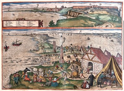 Cádiz, España. (Arriba: la capilla de San Sebastián, abajo: la industria de pesca de atún de Cádiz. En el centro, las torres de vigilancia (grabado) de Franz Hogenberg