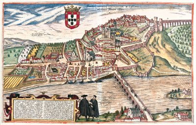 Coimbra, Portugal. Los dos académicos vistos en discusión erudita en primer plano hacen referencia visual adicional a la universidad (grabado) de Franz Hogenberg