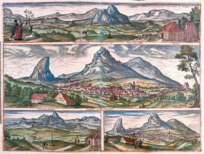 Roca de los Enamorados - Archidona, cerca de Málaga, España. Dos de la montaña La Peña de los Enamorados y dos del pueblo Archidona (grabado) de Franz Hogenberg