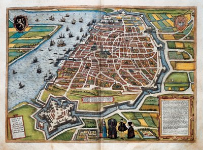 Mapa de Amberes, de "Civitates orbis terrarum" (grabado coloreado) de Franz Hogenberg