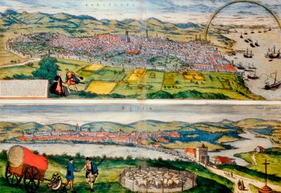 Mapa de Barcelona y Écija de Civitates Orbis Terrarum por Georg Braun de Franz Hogenberg
