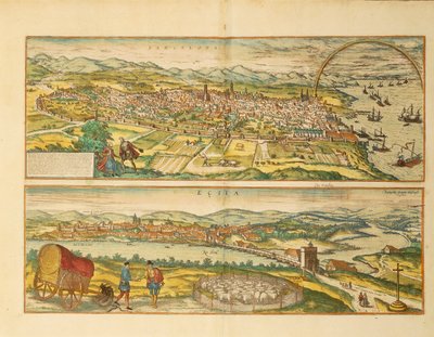 Mapa de Barcelona y Écija de Civitates Orbis Terrarum por Georg Braun de Franz Hogenberg