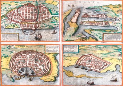 Plano de Cagliari (Calaris), Cerdeña (Italia), Malta (Malta), Rodas (Rhodus) y Famagusta (Famaugusta), Chipre de Franz Hogenberg