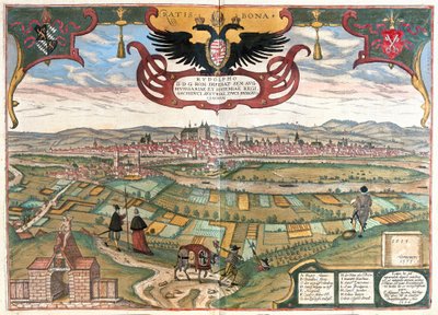 Ratisbona con el escudo de armas del emperador Rodolfo II, Alemania de Franz Hogenberg