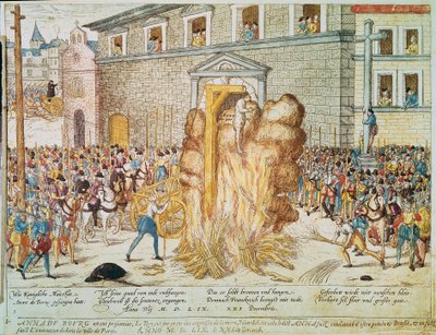 Guerra religiosa: ejecución del magistrado protestante francés Anne du Bourg (1521-1559) el 23/12/1559 en la Place de Greve en París de Franz Hogenberg