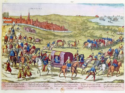 El Duque de Alba, llamado a España, dejando Bruselas de Franz Hogenberg