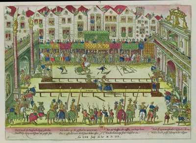 Torneo durante el cual Enrique II (1519-59) fue herido por el Conde de Montgomery y murió diez días después, 30 de junio de 1559 de Franz Hogenberg