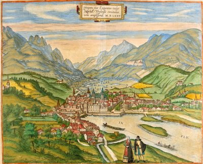Vista de Innsbruck (Oenipons o Enipontus), Austria (aguafuerte) de Franz Hogenberg