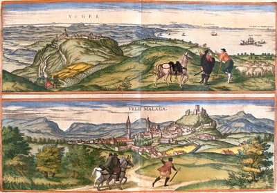 Vista de Vejer de la Frontera (Vegel) y Vélez Málaga (Velis Málaga), España de Franz Hogenberg