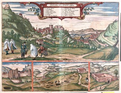 Vista de la Alhambra con la Ciudad de Granada, España: en la parte superior una vista de la Alhambra en la colina Cerro del Sol. La vista inferior izquierda muestra las puertas cerradas de la Alhambra. En el centro están las bocas de las cuevas de Masmoros de Franz Hogenberg