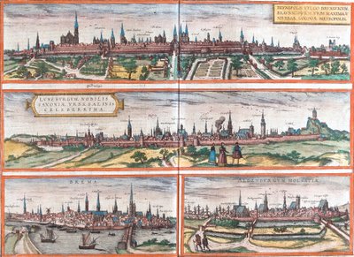 Vistas de Brunswick (Brusvicum), Luneburgo (Loneburgum), Bremen (Brema) y Oldenburg (Aldenburgum), Alemania de Franz Hogenberg
