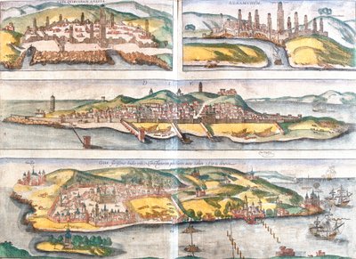 Vistas de Casablanca (Anfa) y Azemmour (Azaamurum) en Marruecos, Diu y Goa (India) de Franz Hogenberg