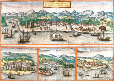 Vistas de Kozhikode o Calicut (India), Ormuz (Irán), Cannanore o Kannur (India) y San Jorge de la Mina o Elmina (Ghana) de Franz Hogenberg
