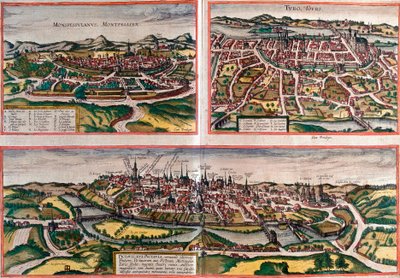 Vistas de Montpellier (Monspessulanus), Tours (Turo) y Poitiers (Pictavis), Francia (aguafuerte) de Franz Hogenberg