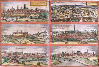 Vistas de Múnich (Monacum), Ingolstadt (Ingolstadium), Freising (Frisingensis), Nordlingen (Nordlinga), Ratisbona (Ratispona) y Straubing (Stravbinga), Alemania de Franz Hogenberg