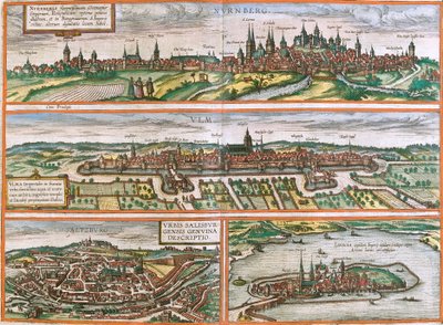 Vistas de Núremberg (Nurnberga), Ulm (Ulma), Lindau (Lindola), Alemania y Salzburgo (Salisburgensis) en Austria (aguafuerte) de Franz Hogenberg