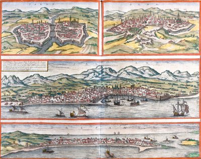 Vistas de Parma (Parma), Siena (Sena), Palermo (Panhormus) y Trapani (Drepanum) (Sicilia), Italia de Franz Hogenberg