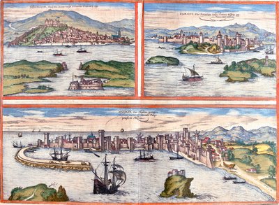 Vistas de Sibenik (Sibinium, Sibenicho), Porec (Parens, Parentium), Croacia y Modon (Modona), Grecia (aguafuerte) de Franz Hogenberg