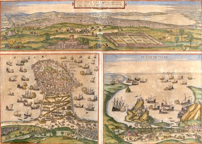 Vistas de Túnez y Mahdia en Túnez, y Peñón de Vélez de la Gomera o Badis, disputado entre España y Marruecos de Franz Hogenberg