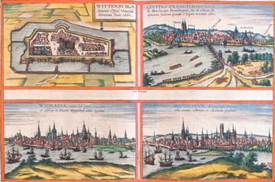 Vistas de Wittenburg (Wittenburga), Frankfurt (Francfordiensis), Wismar (Wismaria) y Rostock (Rostochium), Alemania de Franz Hogenberg