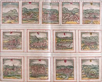 Vistas de las principales ciudades de la Confederación Suiza: Schwytz (Svicia), Zug (Tugium), Glaris (Glarona), Bale (Basilea), Zurich (Tugurum), Bern (Ursina), Lucerna (Lucerna), Uri (Ursella), Friburgo (Frigurgum), Solothurn (Soloturensis), Schaffhausen  de Franz Hogenberg