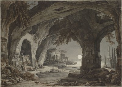 Paisaje ideal con gruta de roca, tumbas y ruinas a la luz de la luna, c. 1790 de Franz Innocenz Josef Kobell