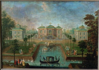Vida cortesana en el parque del palacio de Augustusburg alrededor de la Casa de la India, vista desde el este ... de Franz Jakob Rousseau