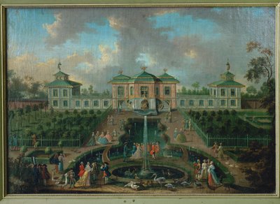 Vida cortesana en el parque del palacio de Augustusburg alrededor de la Casa de la India, vista desde el oeste ... de Franz Jakob Rousseau