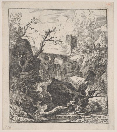 Placa 2: dos figuras sentadas en un tronco de árbol en la orilla de un arroyo en primer plano de Franz Joachim Beich