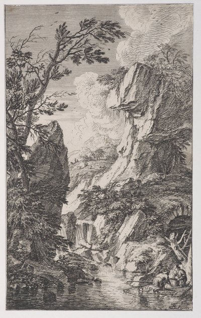 Placa 4: dos pescadores en la orilla de un arroyo a la derecha, una cascada en el centro, ca. 1700-25 de Franz Joachim Beich