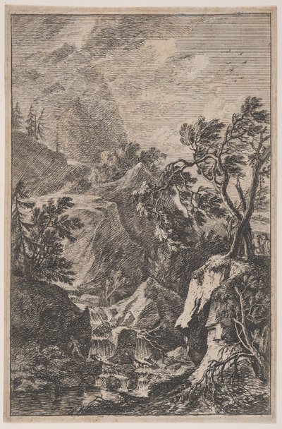 Placa 6: dos figuras masculinas de pie sobre una roca a la derecha, una cascada en el centro con un..., ca. 1700-25 de Franz Joachim Beich
