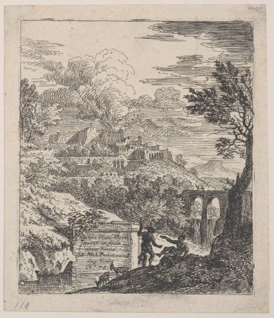Dos pastores descansando junto a un pedestal, un acueducto a la derecha en el fondo, c. 1700-25 de Franz Joachim Beich