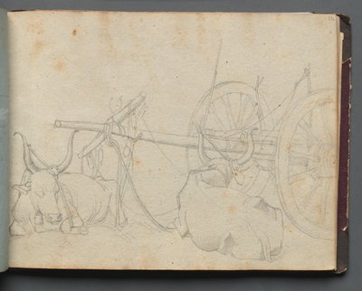 Álbum con vistas de Roma y alrededores, estudios de paisajes, página 37a: Bueyes y carro de Franz Johann Heinrich Nadorp